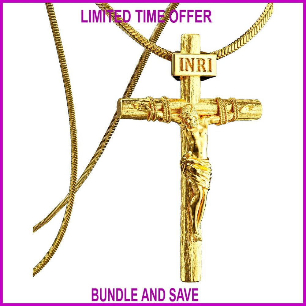 Gold Plated Crucifix Necklace, Stainless Steel Chain, 18-30 Inch Adjustable